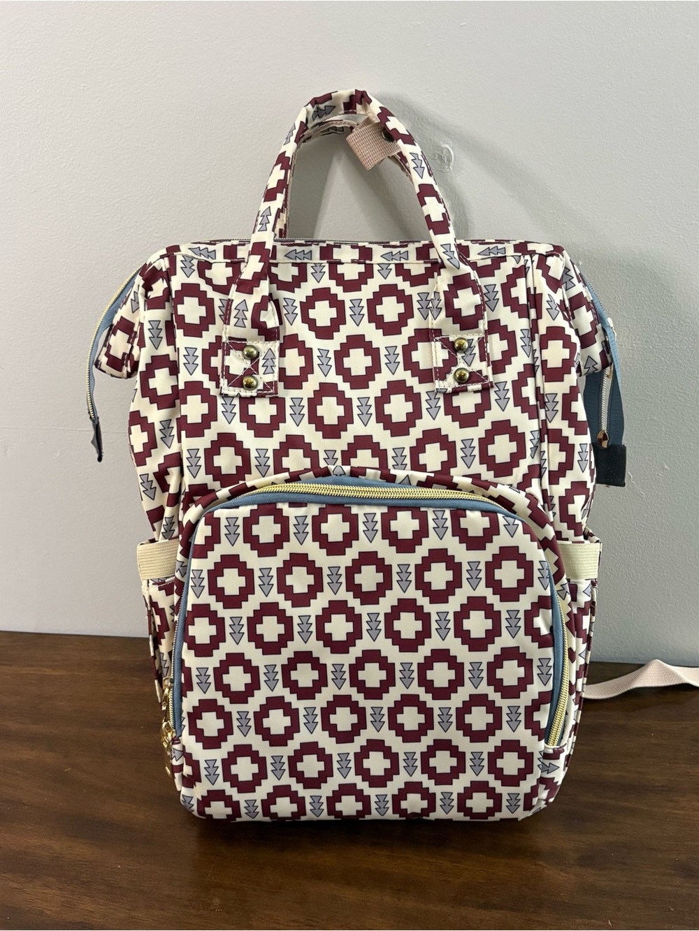 NWOT Womens Backpack Diaper Bag Cream Red Travel Bottle Pockets